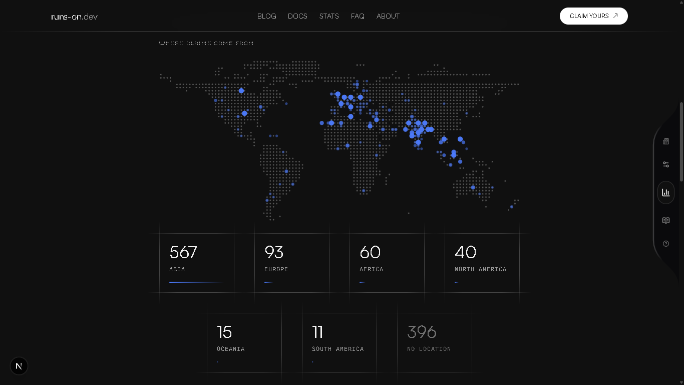 The claim map on the stats page: a dot-matrix world map with blue blooms over claim clusters, above per-continent counts